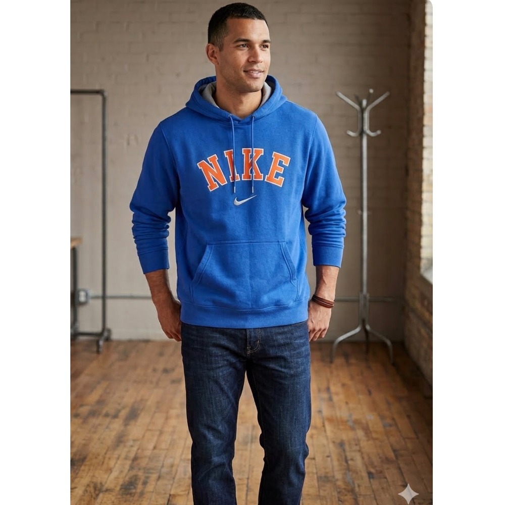 Nike Mens Royal Blue Orange Spellout Pullover Hoodie Sweatshirt Large